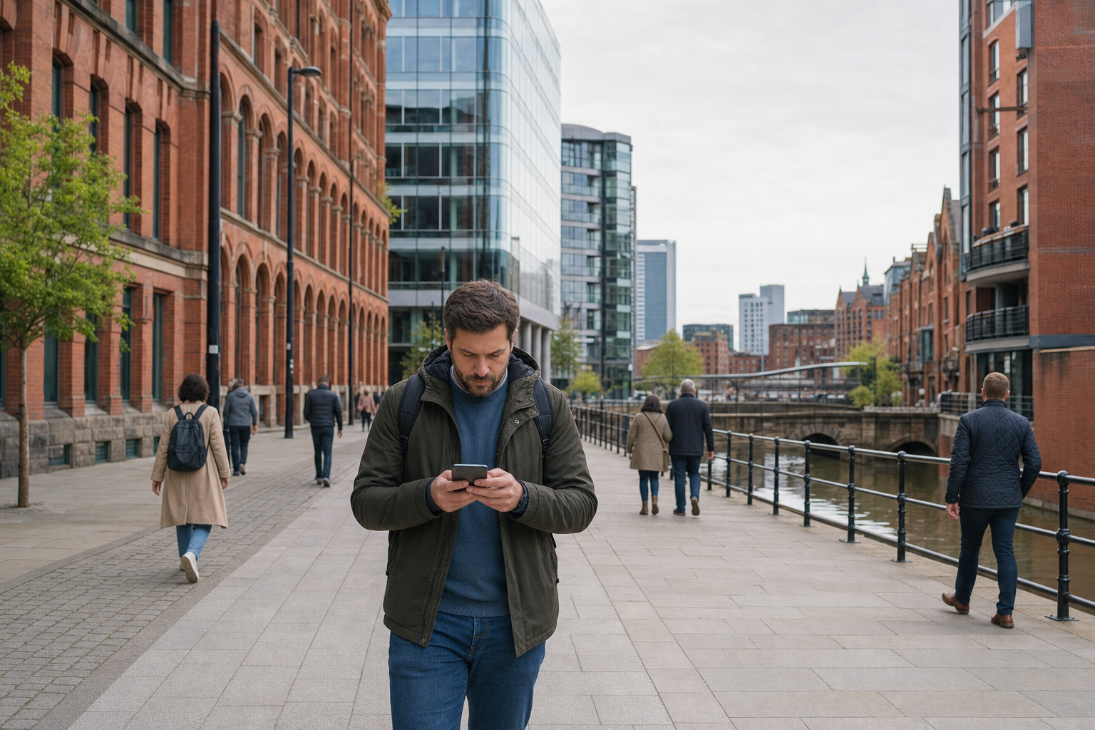 A man walks along a city canal while engrossed in his phone, surrounded by red brick and modern buildings.