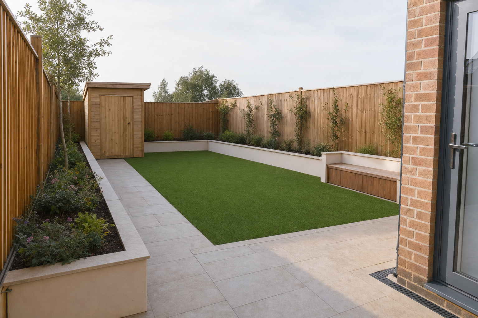 Modern garden with artificial grass, wooden storage shed, and paved stone patio enclosed by wooden fencing.