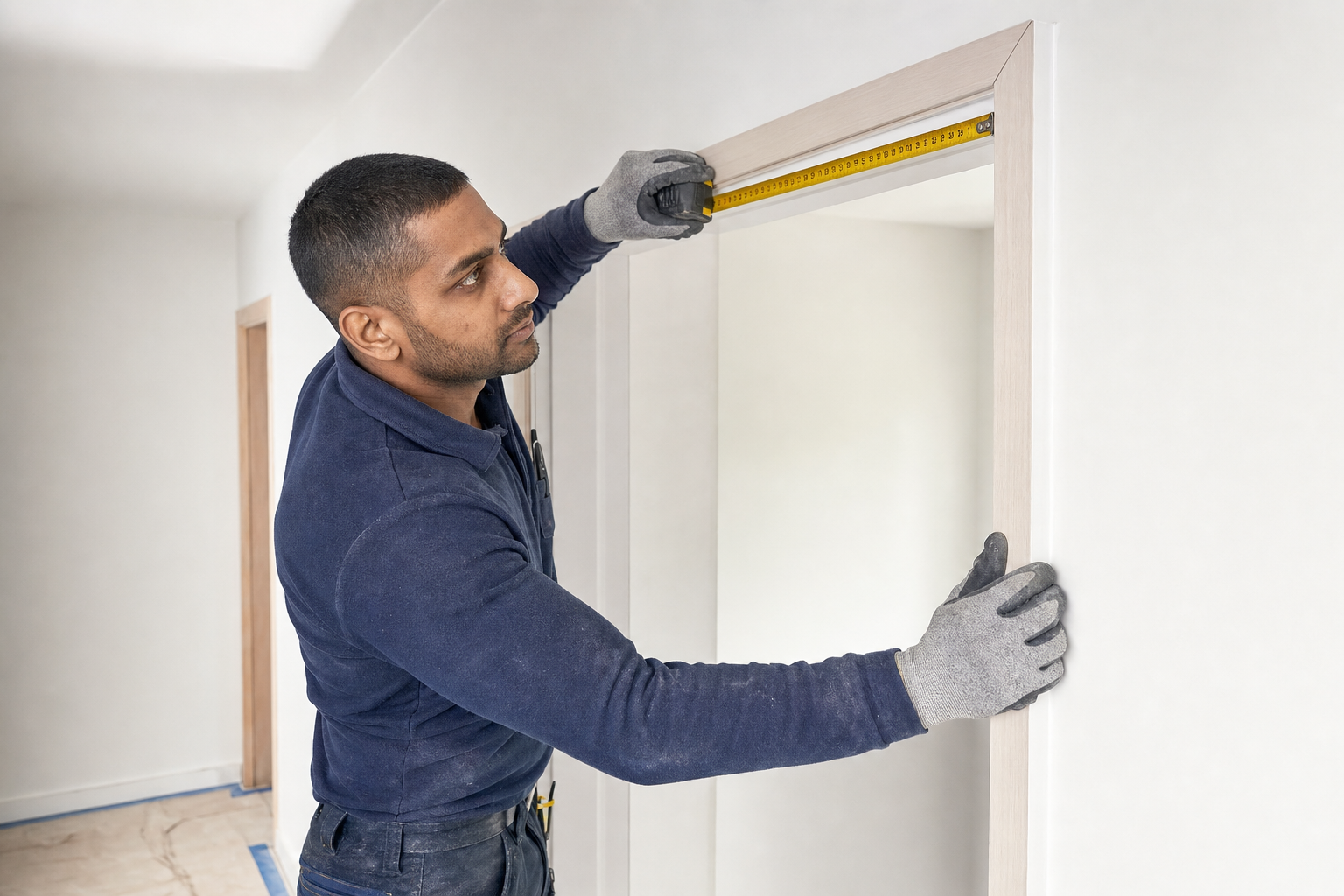 A man wearing gloves measures a door frame with a tape measure in a light-coloured room.