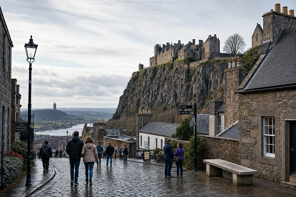 People walking on a cobbled street towards a historic castle on a cliff with a distant tower in the background.