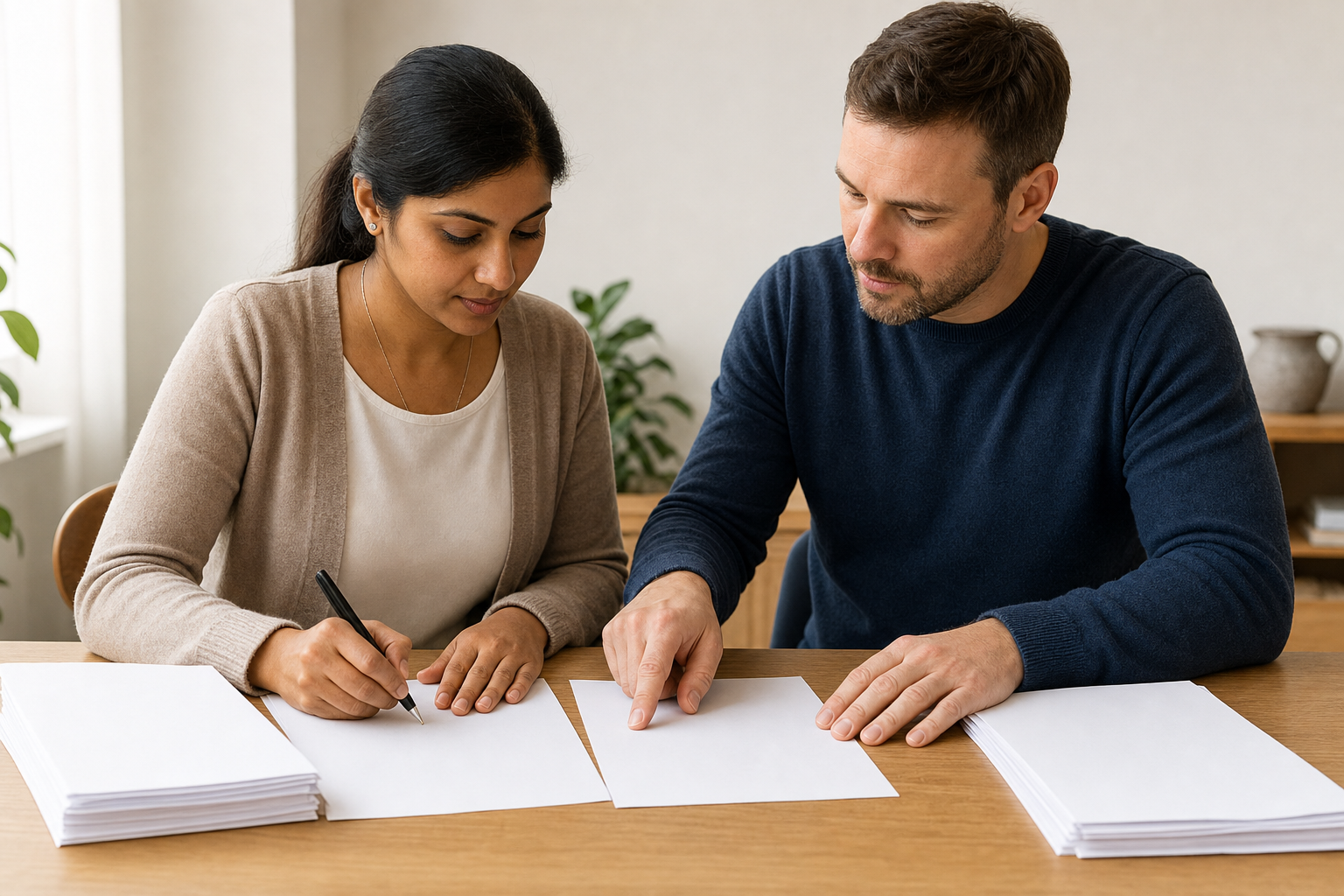 Two colleagues reviewing documents together at a desk in a bright office setting.