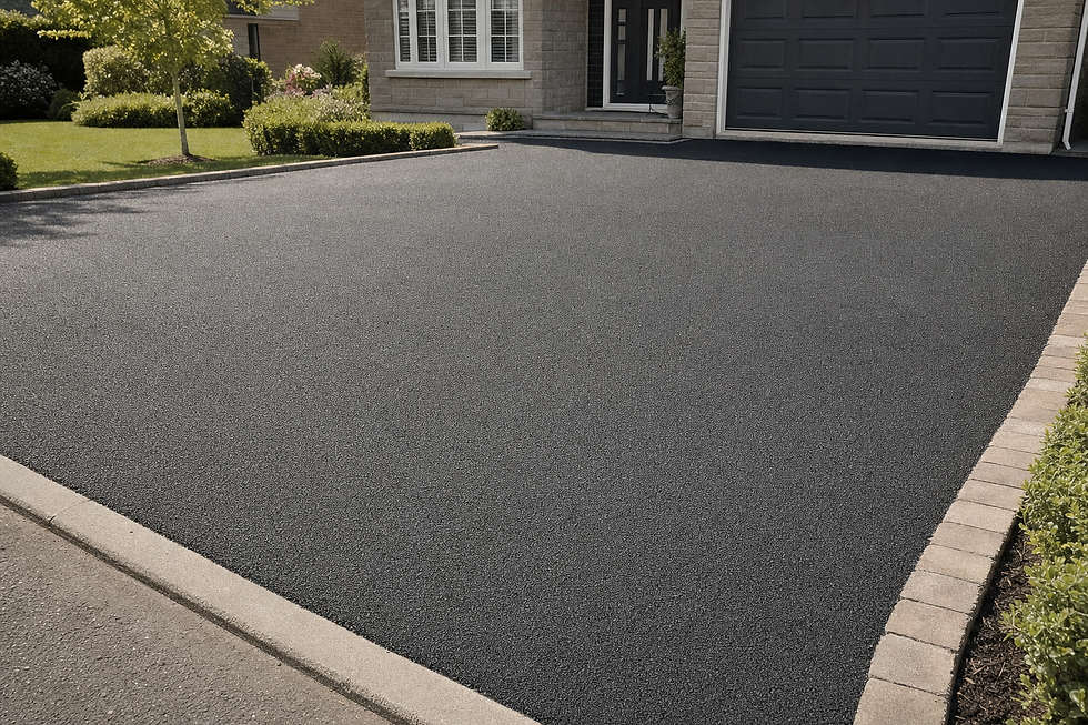 Freshly laid tarmac driveway in front of a suburban house with a garden.