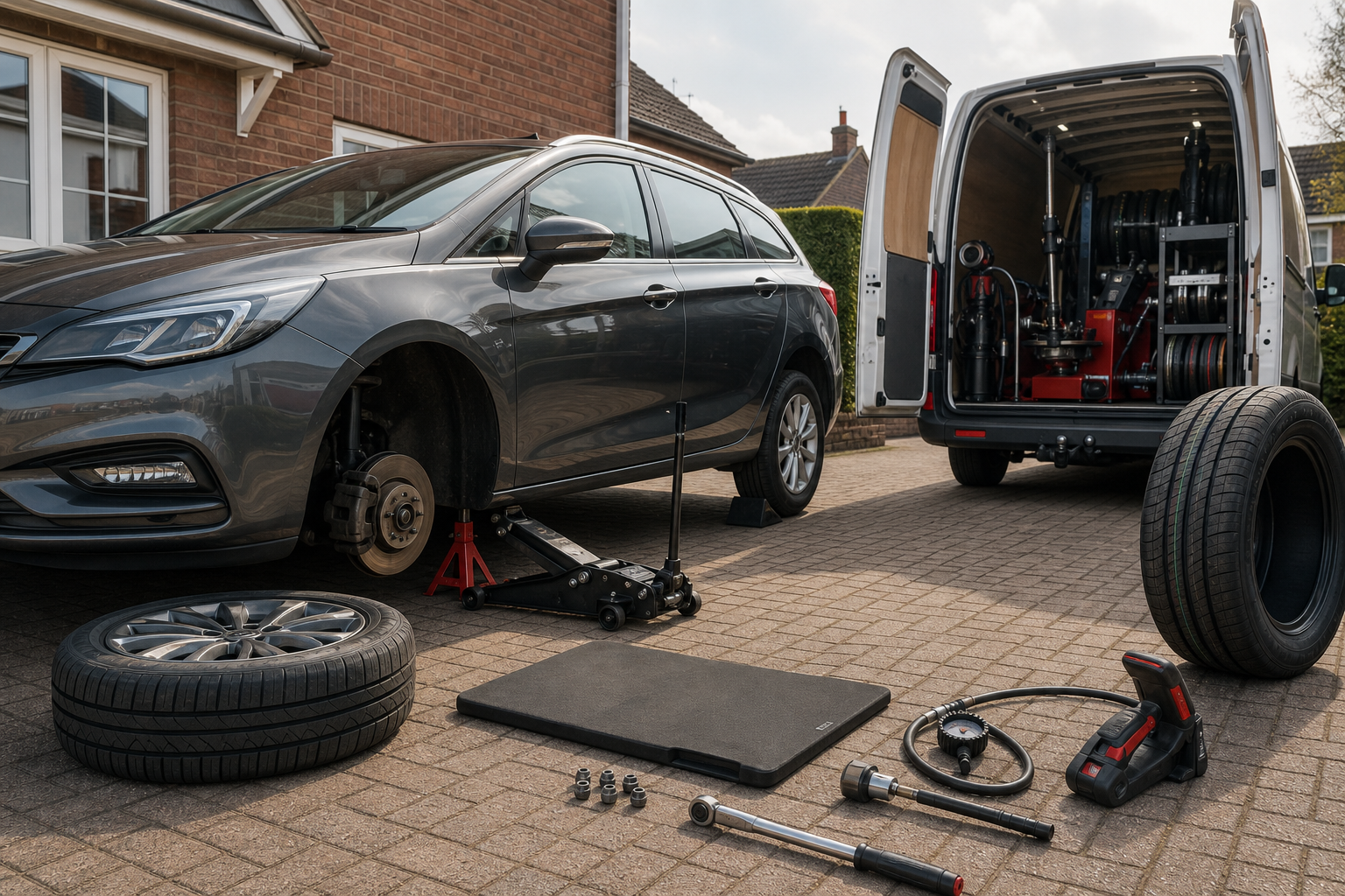 Car undergoing tire change with tools organized on the ground and a van filled with equipment nearby.