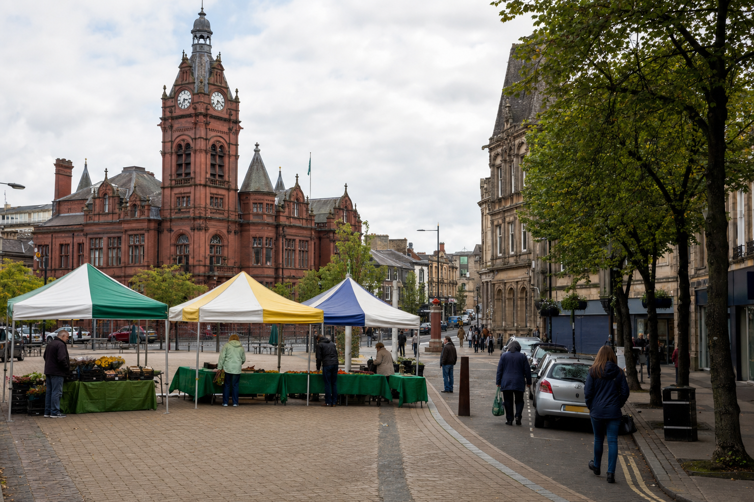 A street market with colourful stalls and a clock tower building in the background on a cloudy day.