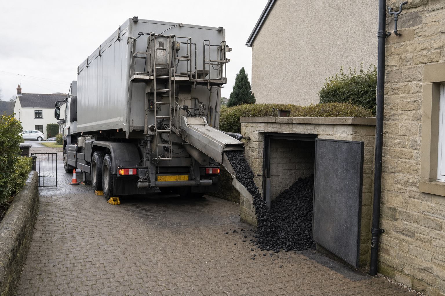 A lorry offloads coal into an outdoor storage area next to a stone building, with cones placed behind the vehicle.