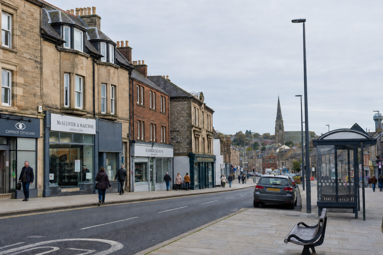 A street scene with historic buildings, a bus stop, and a distant church spire in a British town.