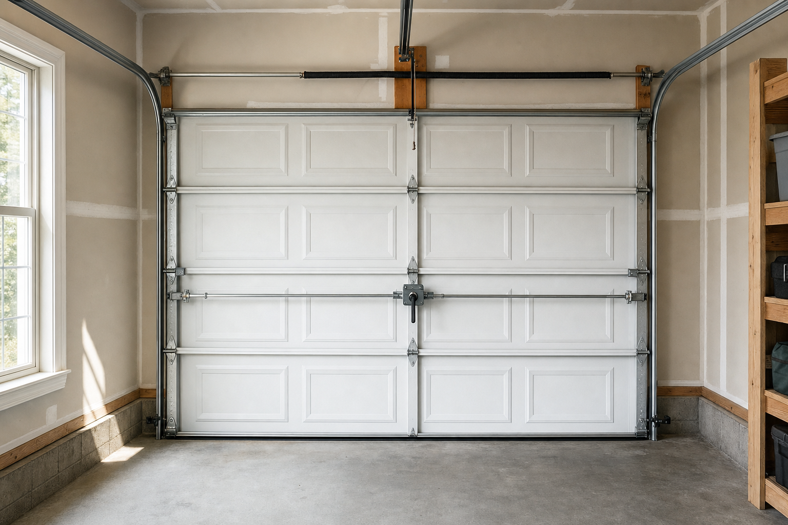 Closed white garage door in a tidy garage with beige walls and shelving on the right.