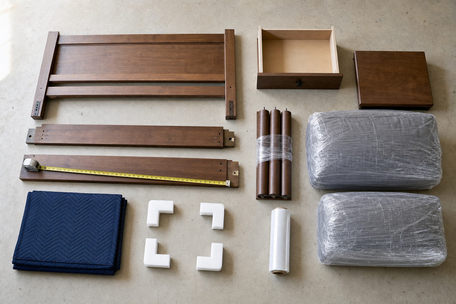 Disassembled wooden furniture parts with wrapped cushions, a measuring tape, protective covers, and other assembly tools.