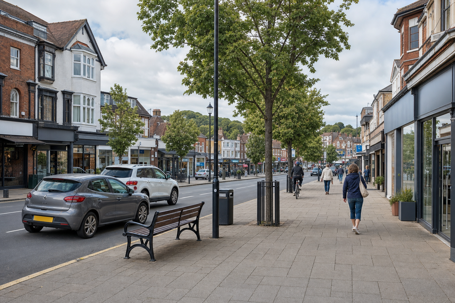 A tree-lined street with cars parked, people walking, and cyclists riding past shops under a partly cloudy sky.