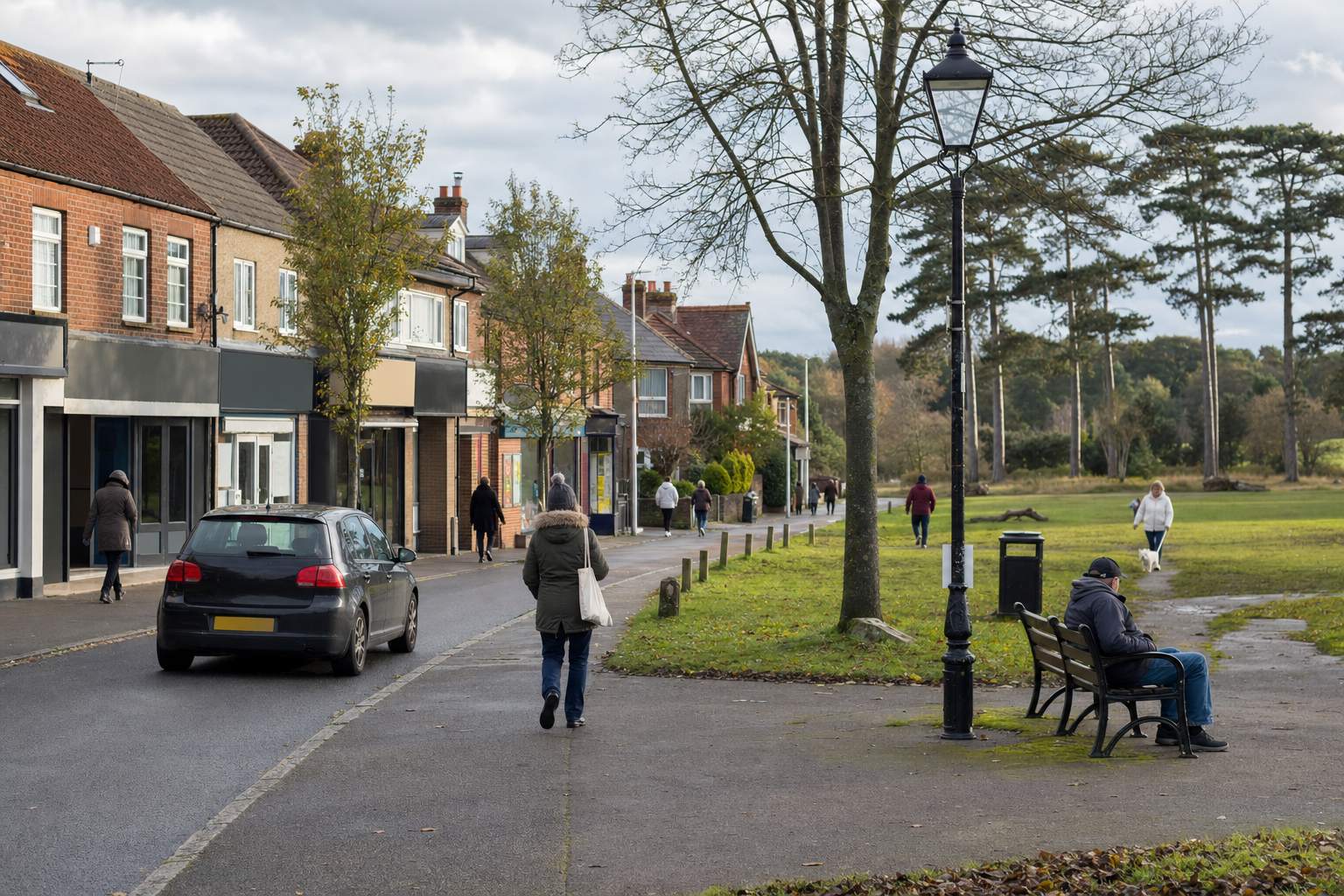 A quiet street with pedestrians and parked cars beside a green space and trees on a cloudy day.