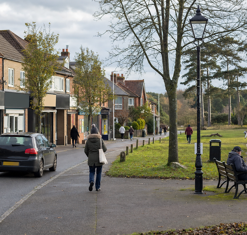 A quiet street with pedestrians and parked cars beside a green space and trees on a cloudy day.