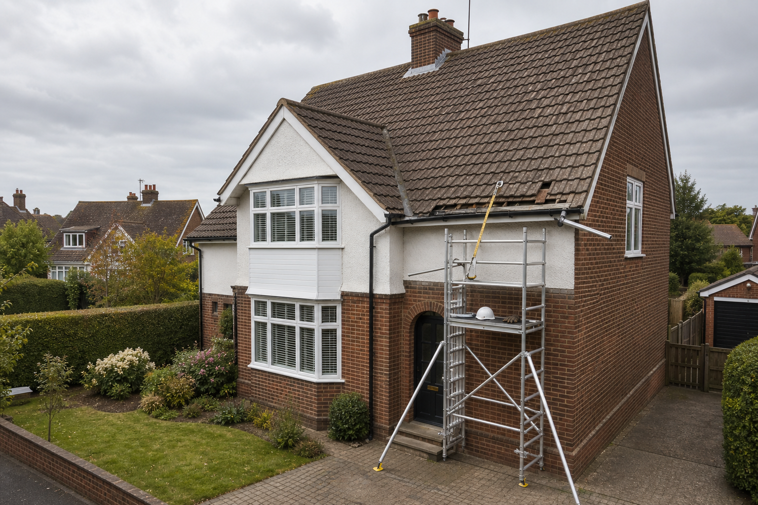 A two-storey brick house with scaffolding on the front, indicating ongoing roof repairs.