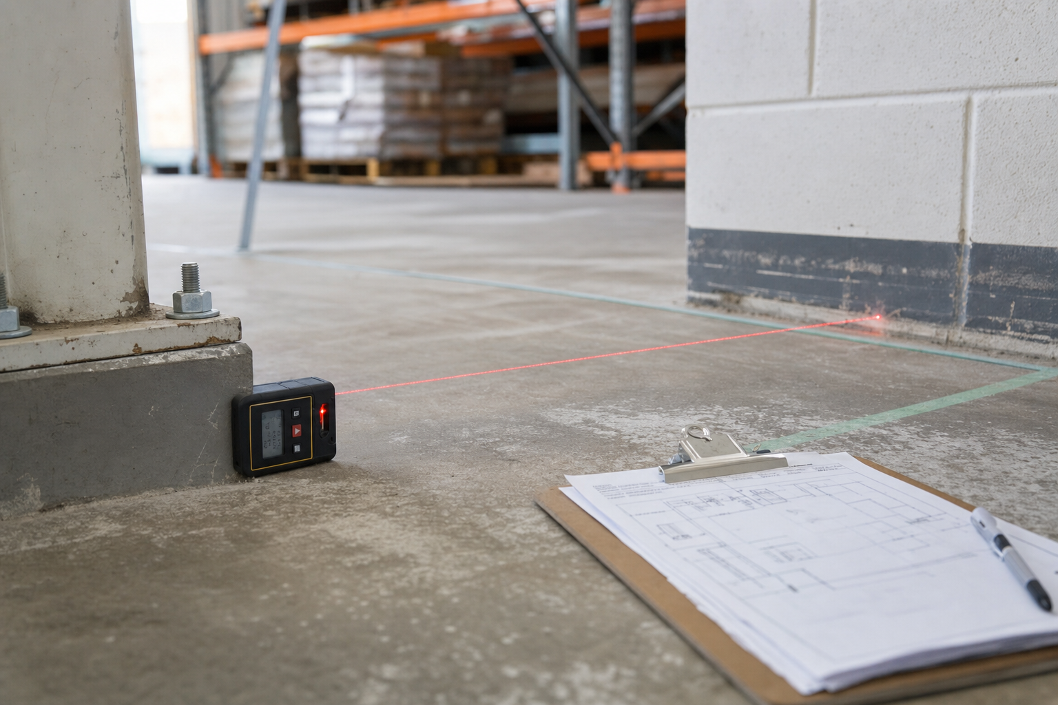 Laser level projecting a line across a warehouse floor with a clipboard and floor plans nearby.