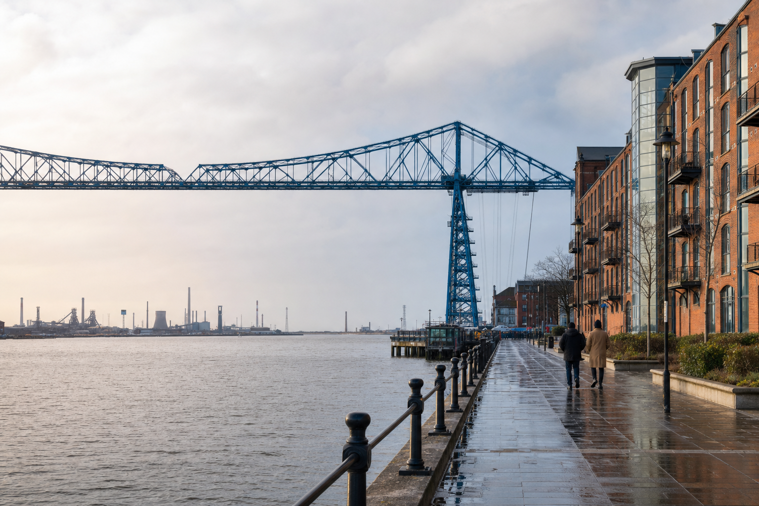 The transporter bridge spans over the river alongside a promenade with industrial structures in the background.
