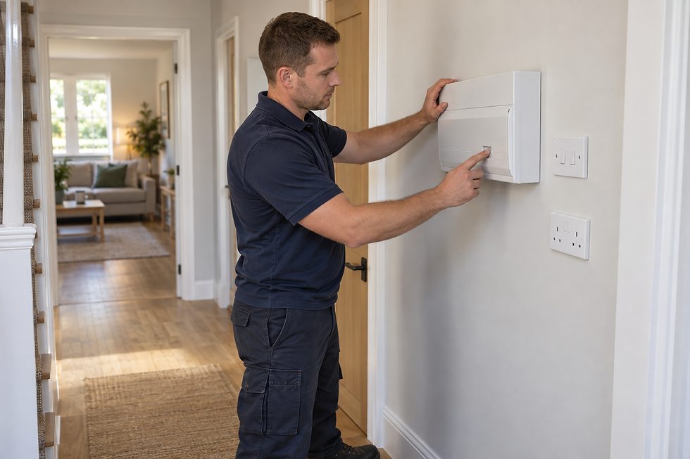 Man adjusting a control panel on the wall in a bright and modern hallway.