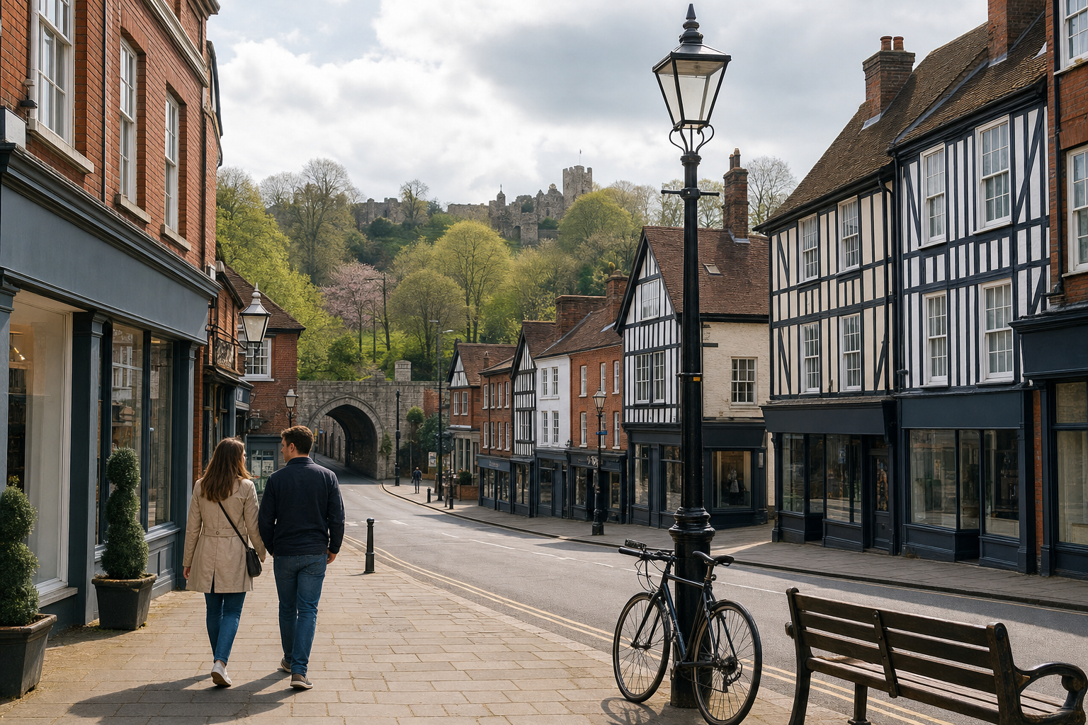 A couple walks down a quaint street lined with timber-framed buildings, with a castle visible on a hill in the background.