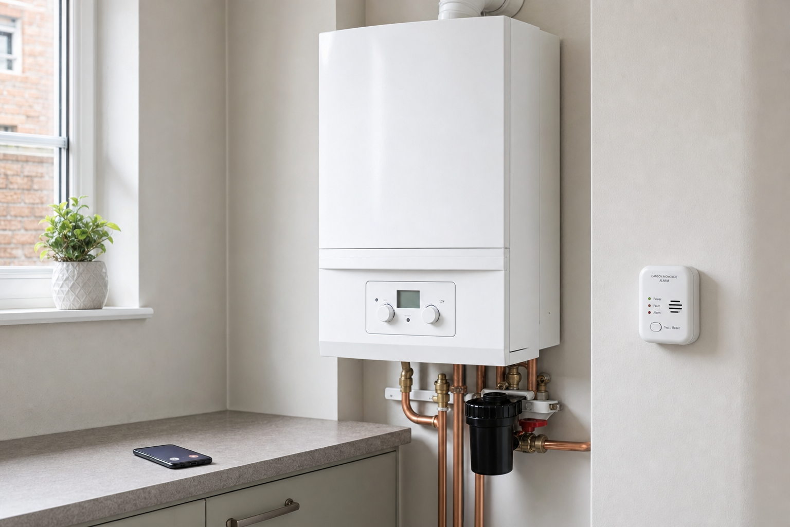 Modern white boiler mounted in a kitchen with copper pipes, a carbon monoxide alarm, and a potted plant on the counter.