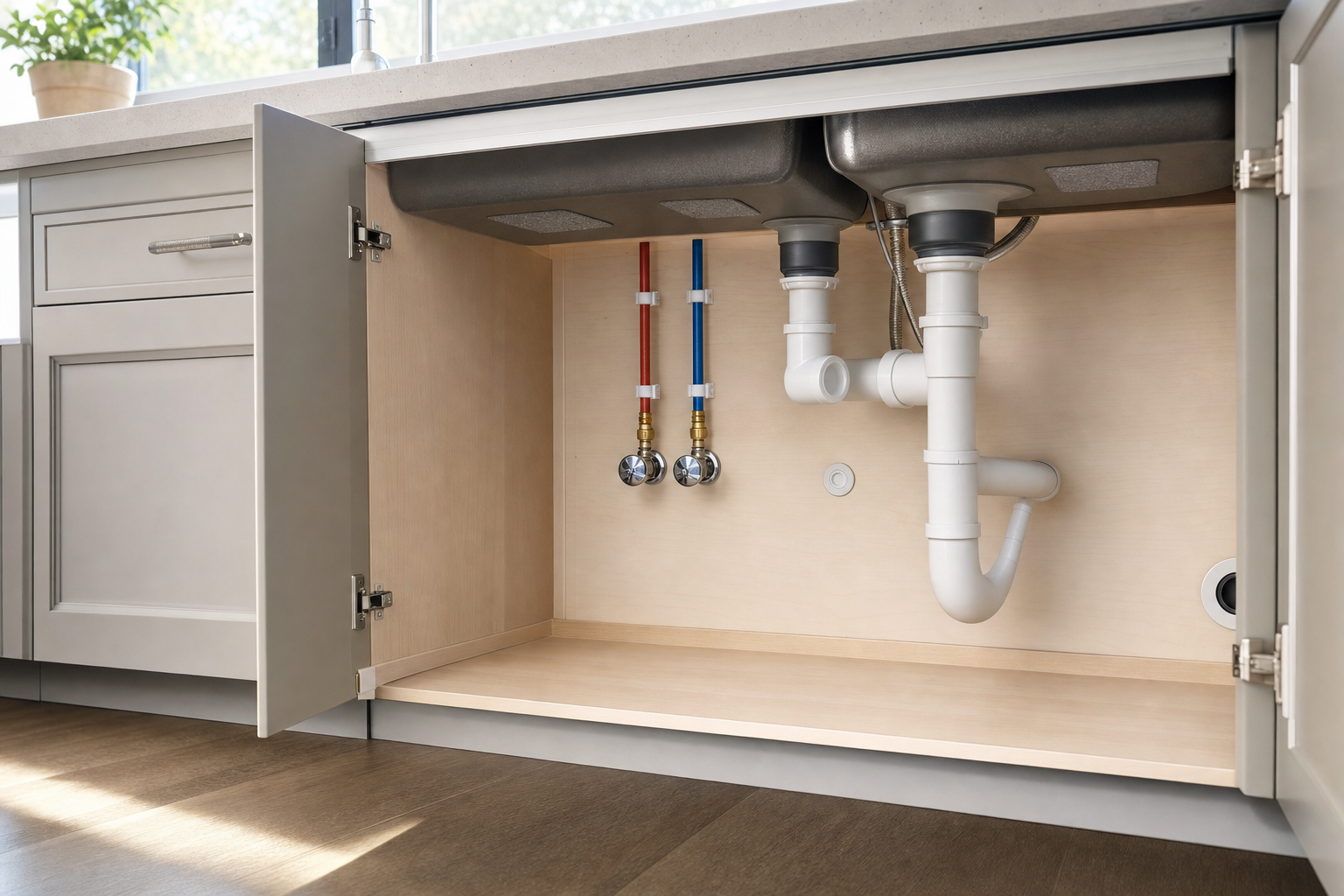 Open kitchen cabinet revealing under-sink plumbing with visible water supply lines and drain pipes.