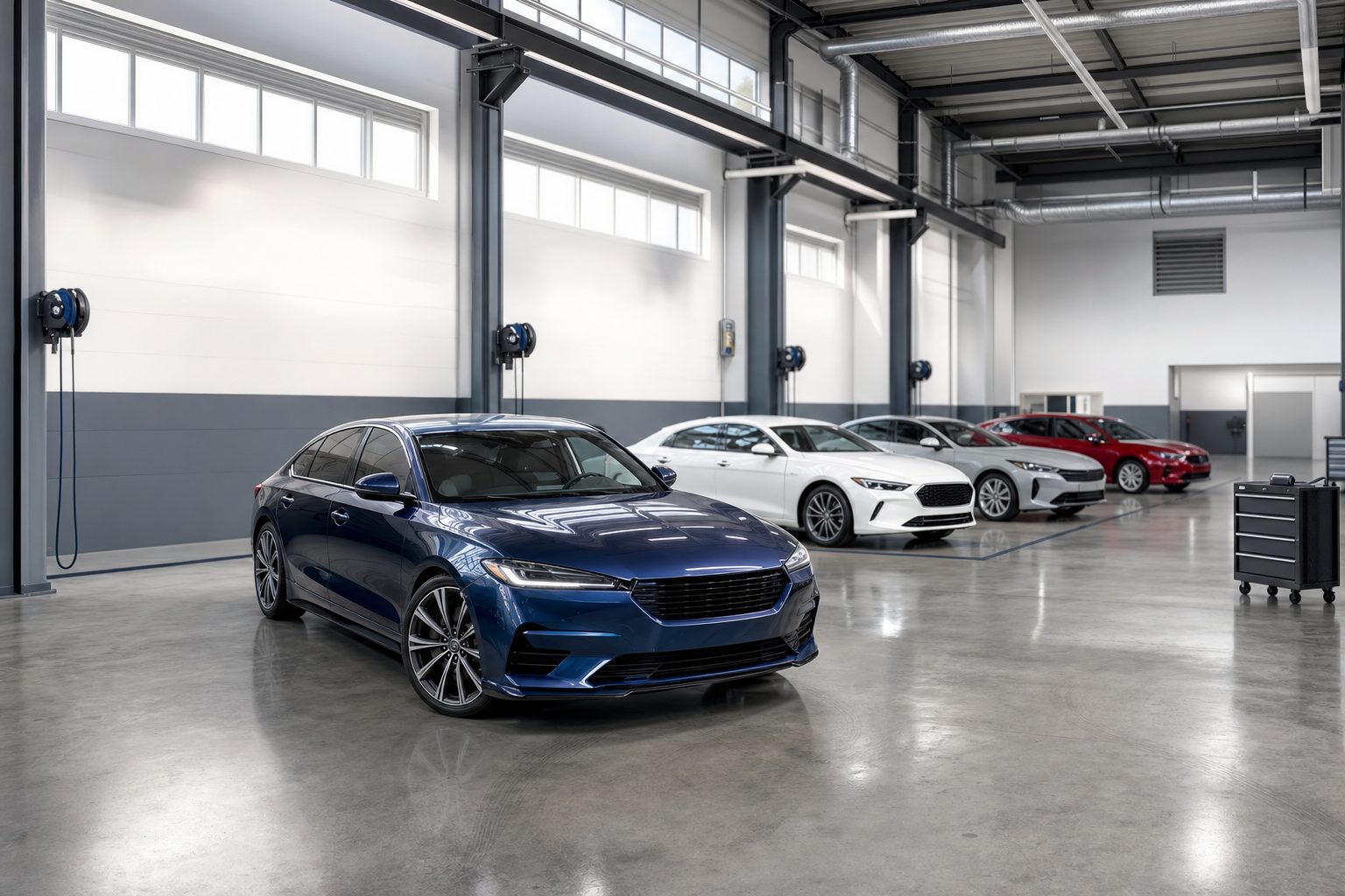 A row of sleek, modern cars parked inside a spacious, bright dealership showroom.