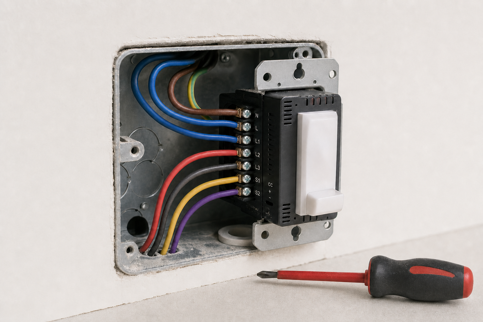 Electrical switch box with coloured wires exposed next to a red-handled screwdriver.