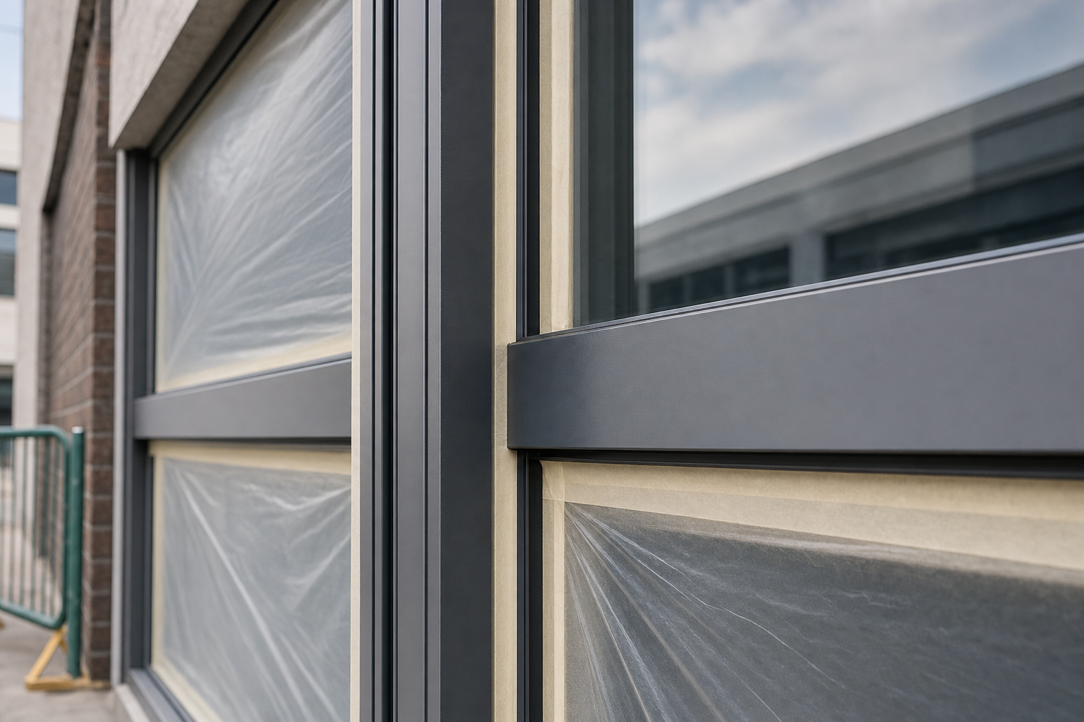 Close-up of modern aluminium-framed windows being installed, with protective coverings still in place.