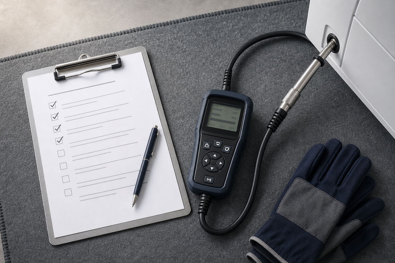 Digital measuring device with a cable, checklist on a clipboard, and pair of gloves on a gray surface.