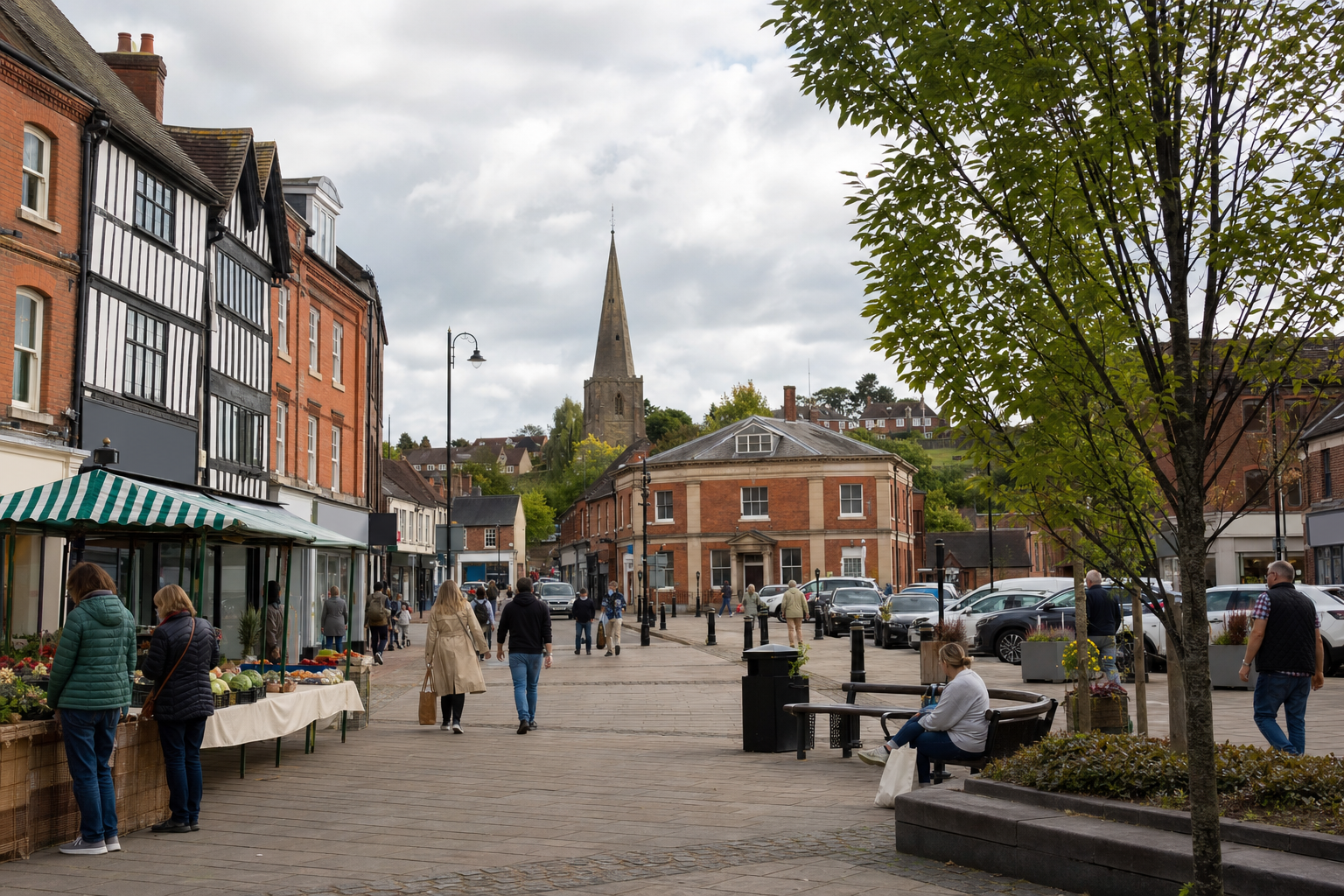 A bustling town square with a market stall, historic buildings, and a church spire in the distance under a cloudy sky.