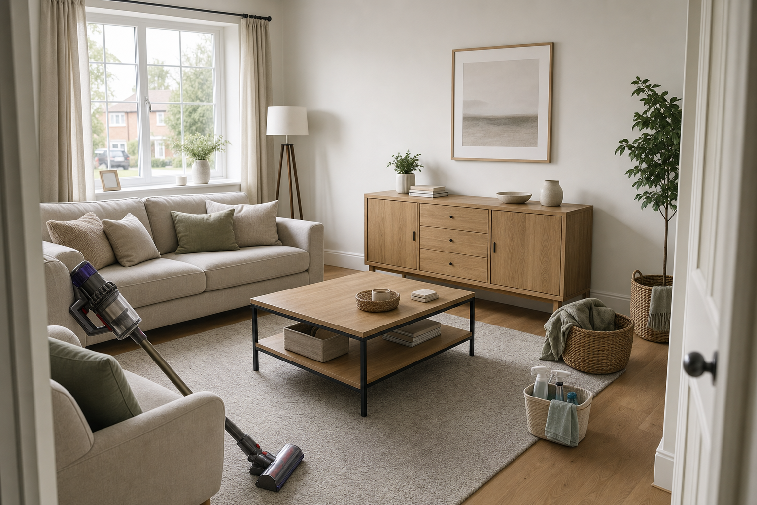 A tidy living room features a vacuum cleaner, beige sofa with cushions, wooden coffee table, sideboard, and large window.