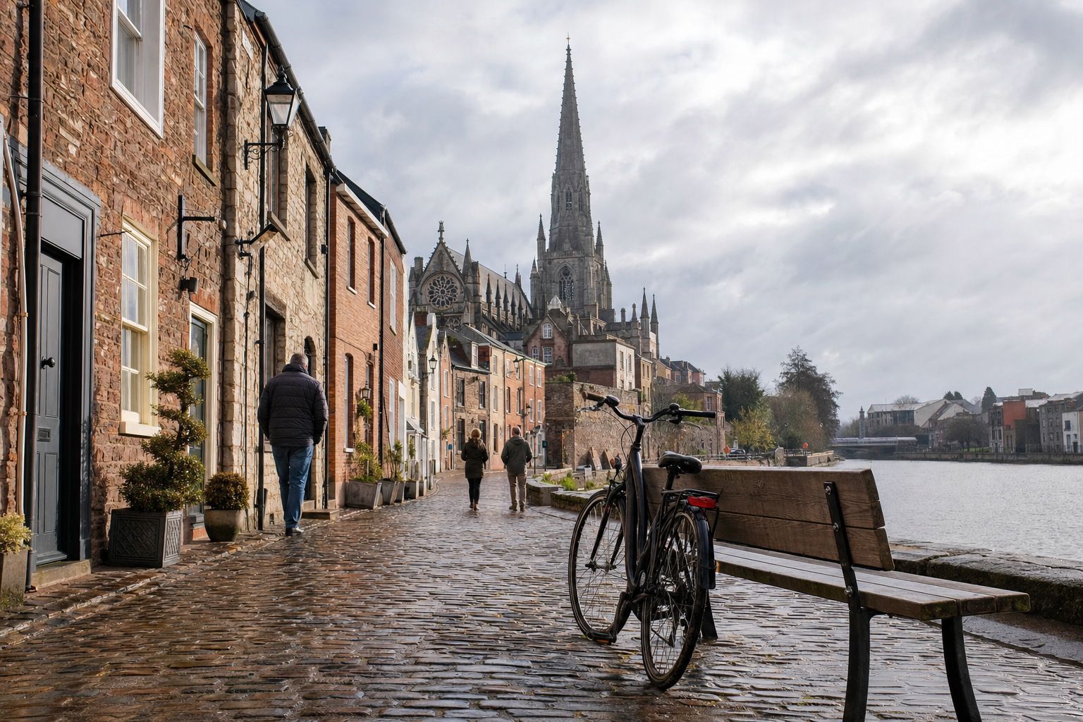 A riverside cobblestone street with a bicycle and pedestrians, leading to a cathedral with a towering spire.