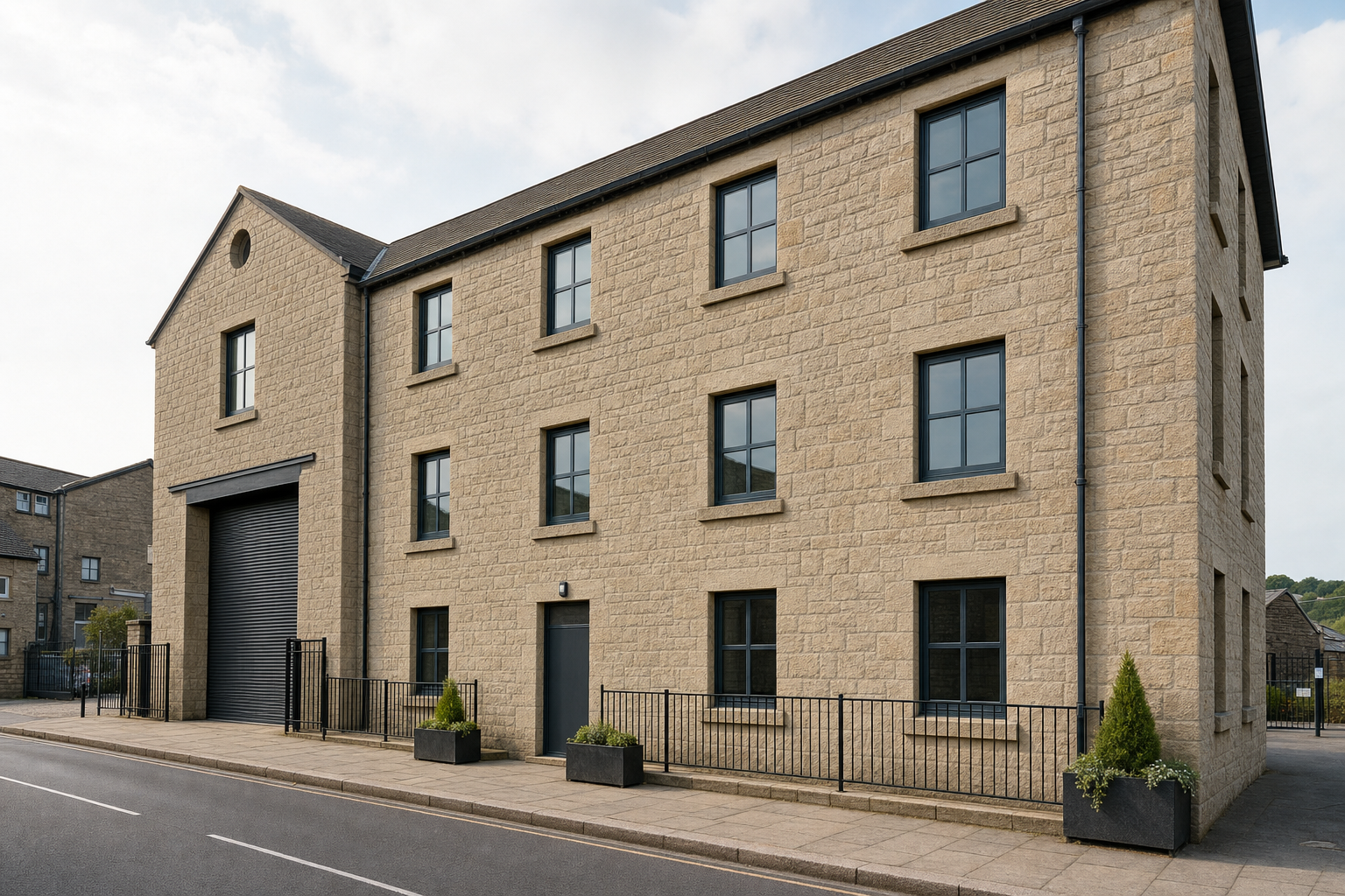 A three-storey building with stone facade, blue window frames, and a large roller door, situated on a quiet street.