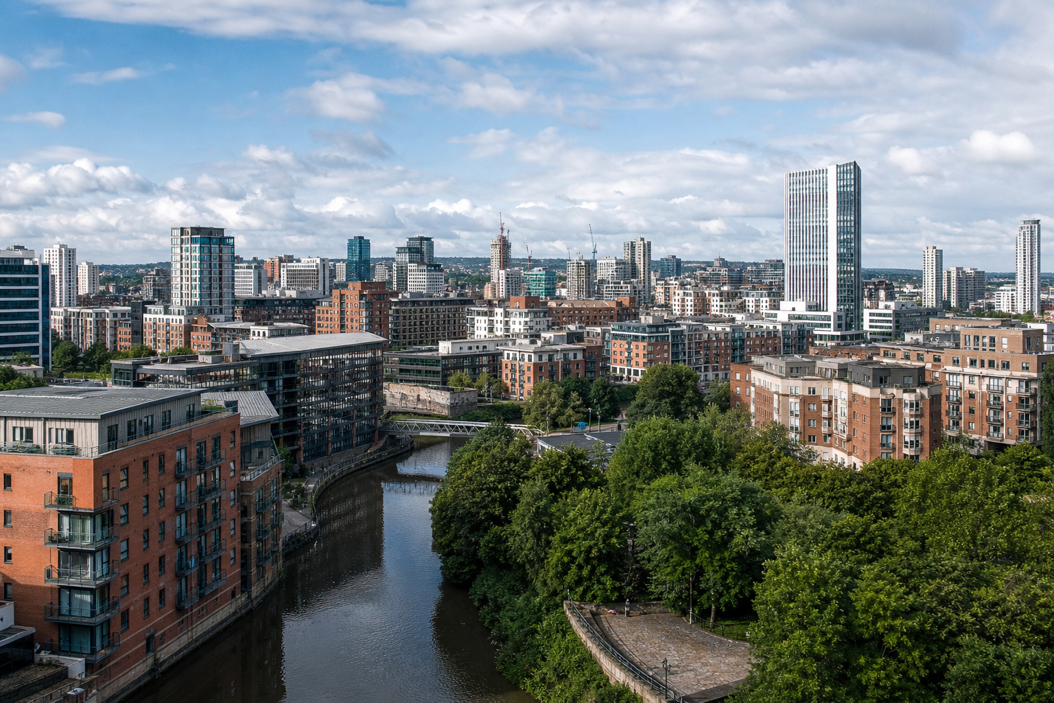 Urban skyline featuring tall buildings, a winding river, and lush greenery under a partly cloudy sky.
