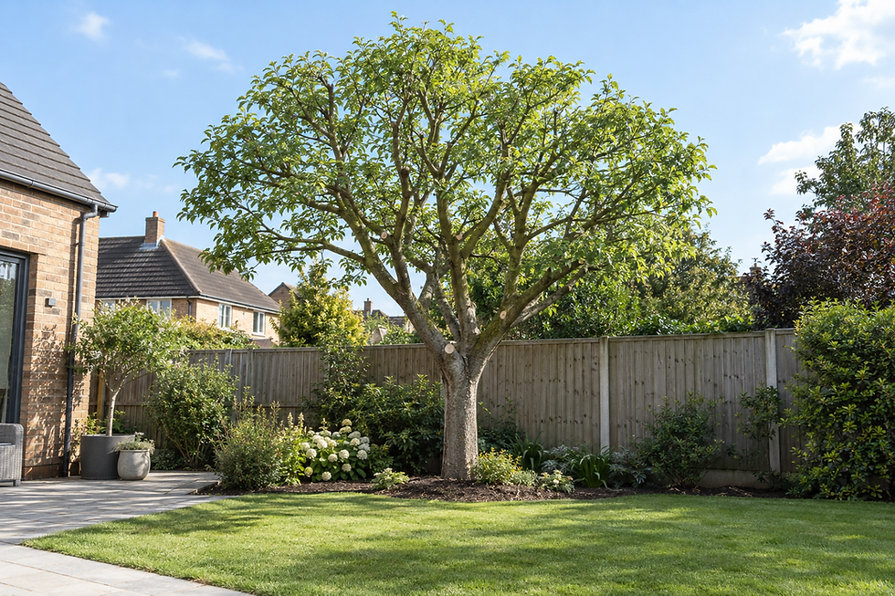 A well-maintained garden with a central tree, bordered by a wooden fence and surrounded by shrubs and flowers.