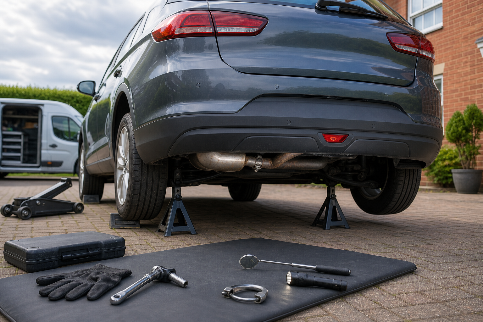 Car on jack stands with tools and gloves laid out on driveway.