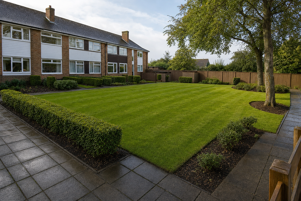 A neatly trimmed lawn with surrounding hedges and trees next to a row of brick terraced houses.