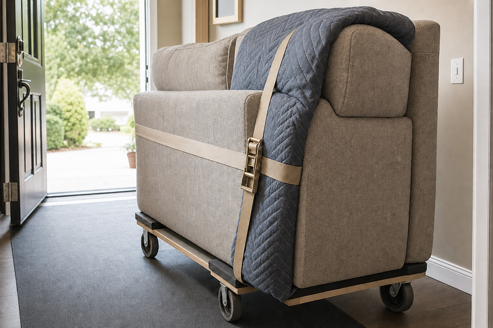 A sofa on a dolly, wrapped in a protective blanket, being moved out through a doorway.