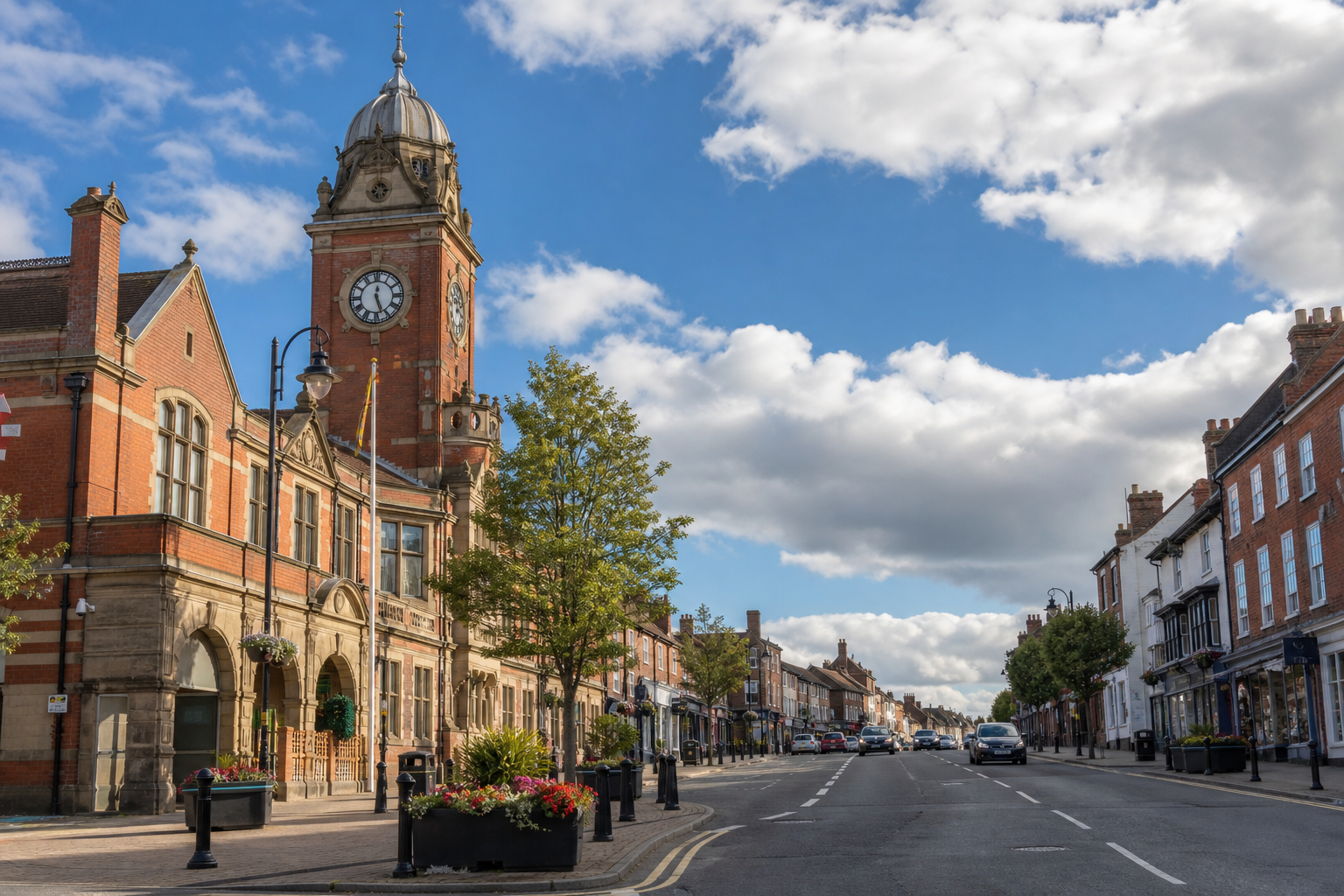Street scene with a historic clock tower, brick buildings, and a few cars under a blue sky with clouds.