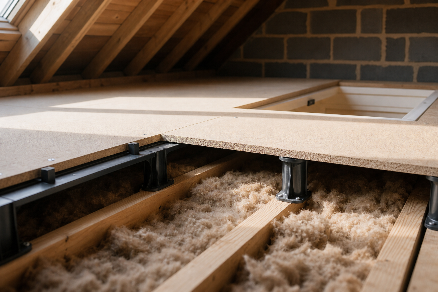 Loft flooring installation with exposed joists and insulation material visible beneath the floorboards.