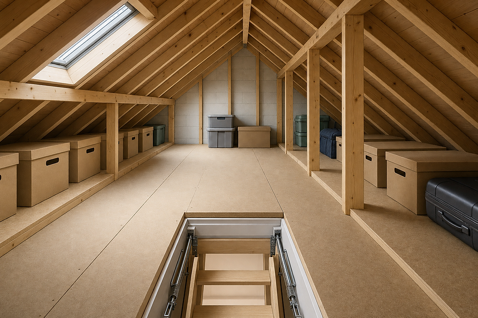 Tidy attic with wooden beams, storage boxes, and a small window illuminating the space.