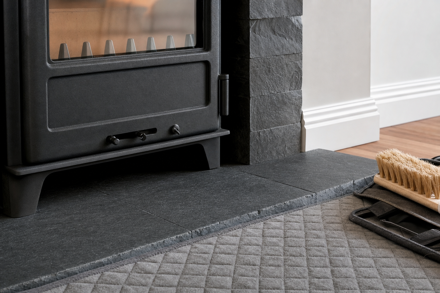 Black wood-burning stove on a slate hearth with fireplace tools and a brush, set against a white wall.