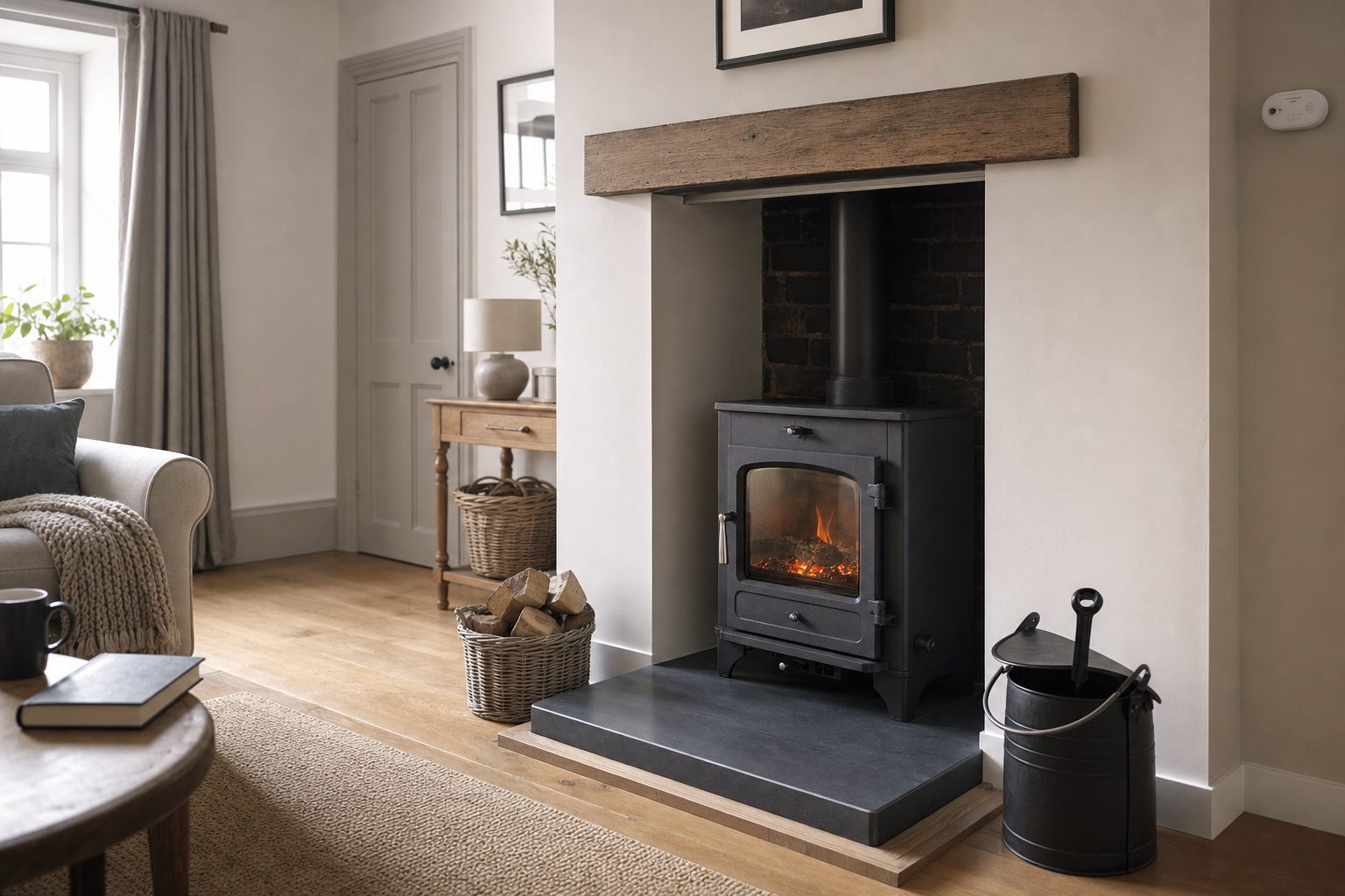 A cosy living room featuring a lit wood-burning stove with logs and a metal bucket beside it.