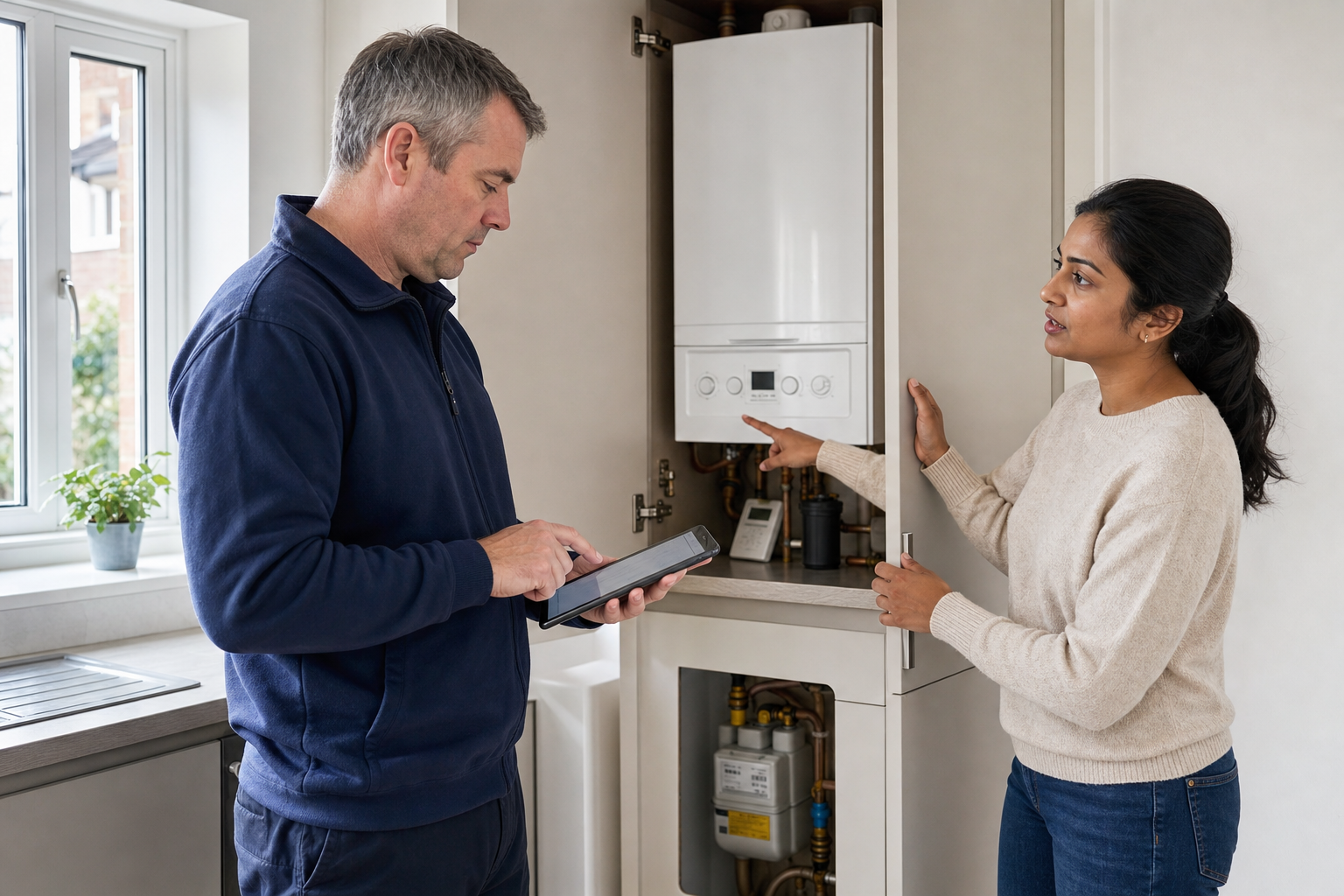 A man and woman discuss a boiler while using a tablet in a modern kitchen.