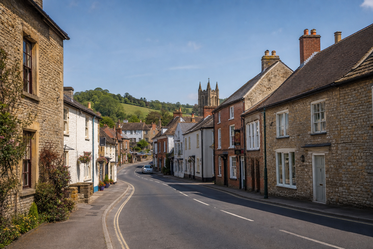 Quaint English village street with stone houses and a church tower in the background.
