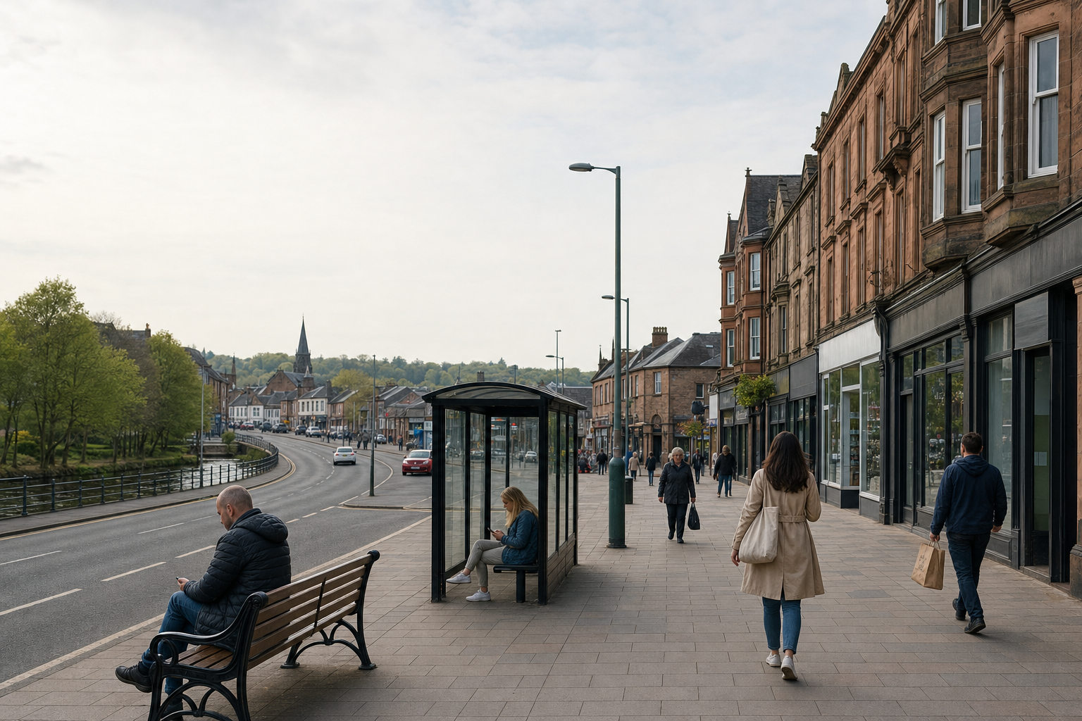 People walking on a pavement beside a road with shops and a bus stop in a town setting.