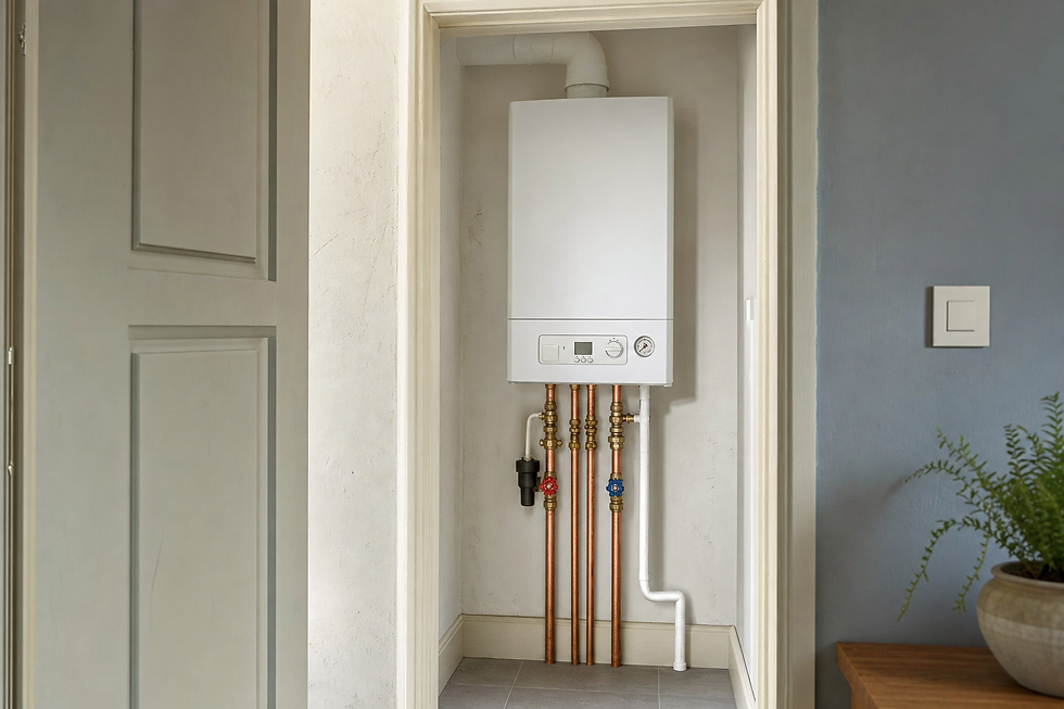 A white boiler with copper pipes is installed in a small alcove with neutral walls and a tiled floor.