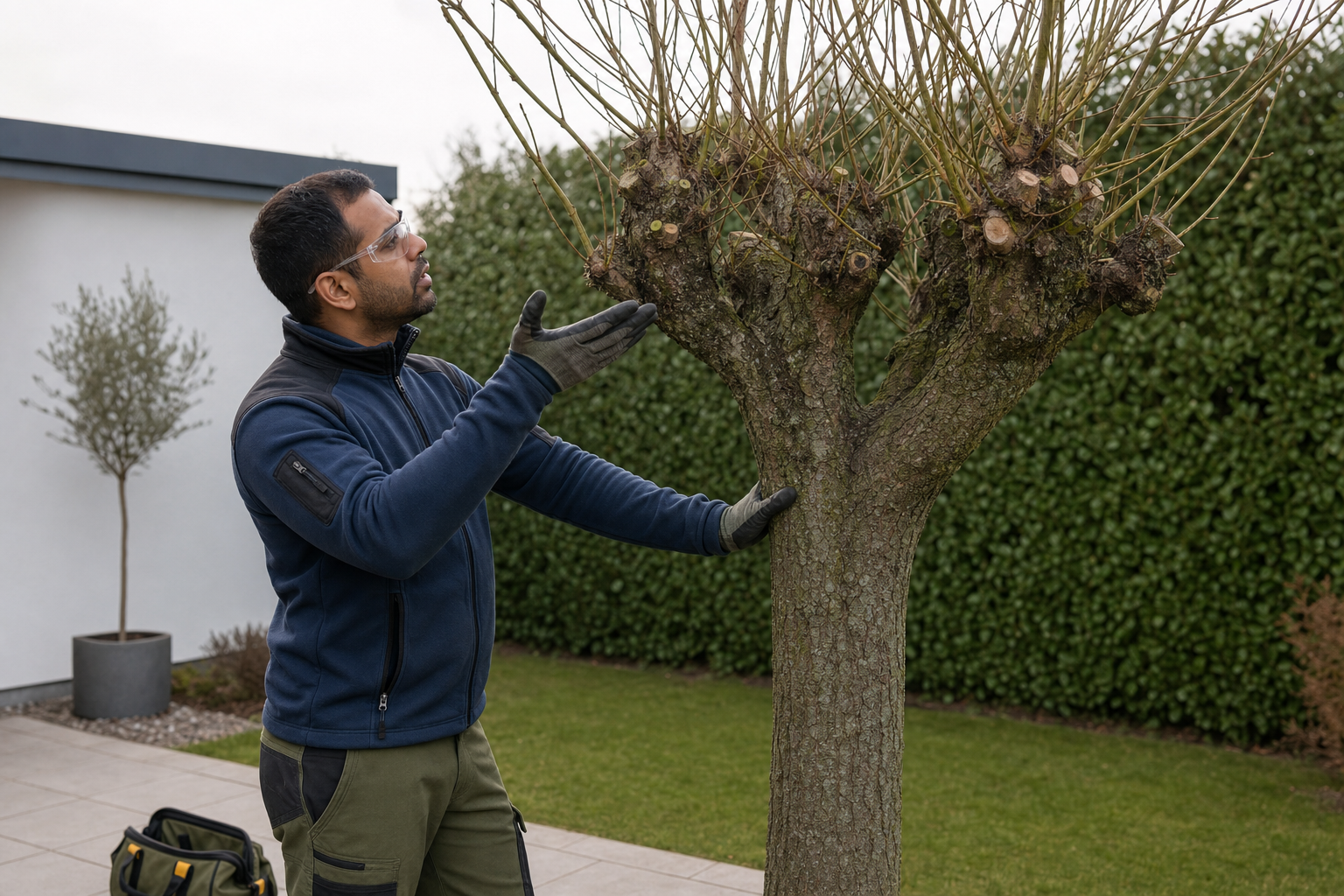 A man wearing gloves and safety glasses inspects a pruned tree in a garden.