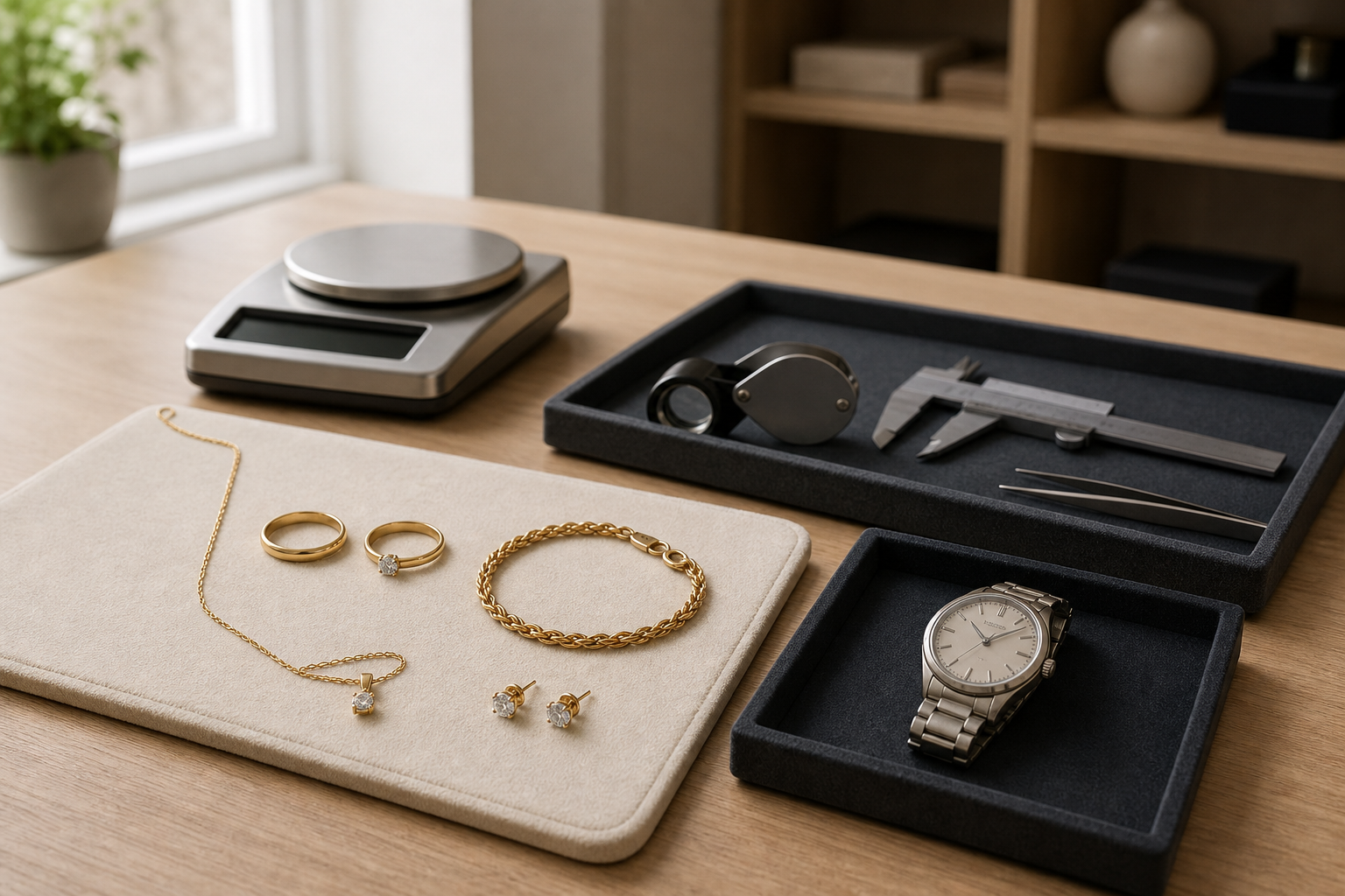 Jewelry and tools arranged on a table with a digital scale, caliper, and watch.