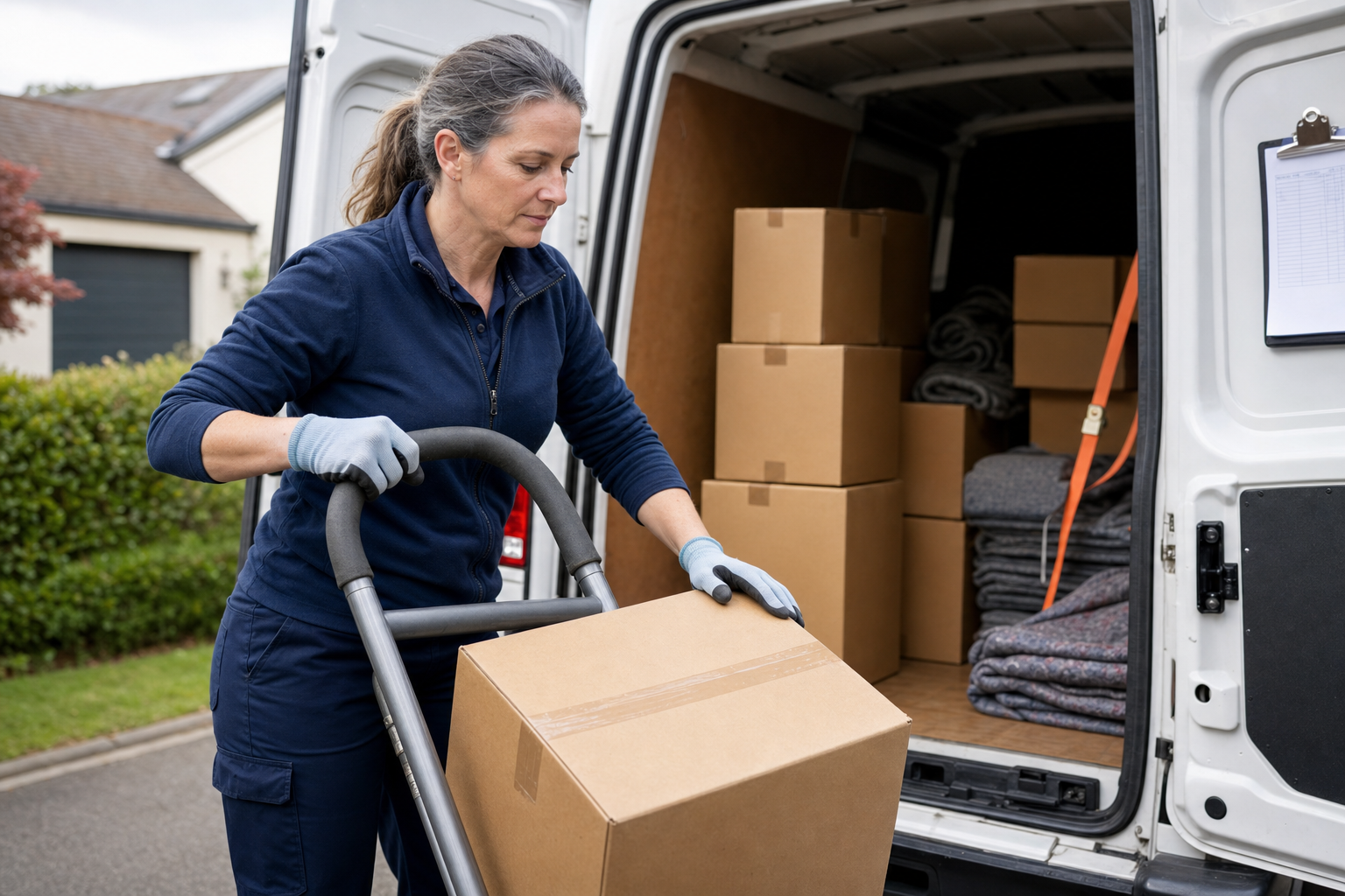 Person loading a cardboard box into a van filled with neatly stacked packages and blankets.