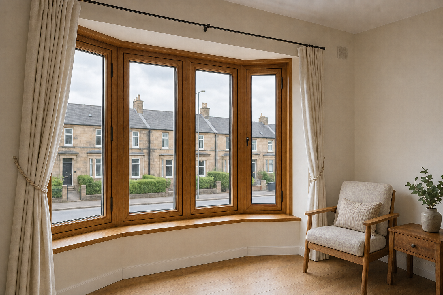 A cosy room with a large bay window, wooden flooring, a comfortable armchair, and a view of traditional stone terraced houses.