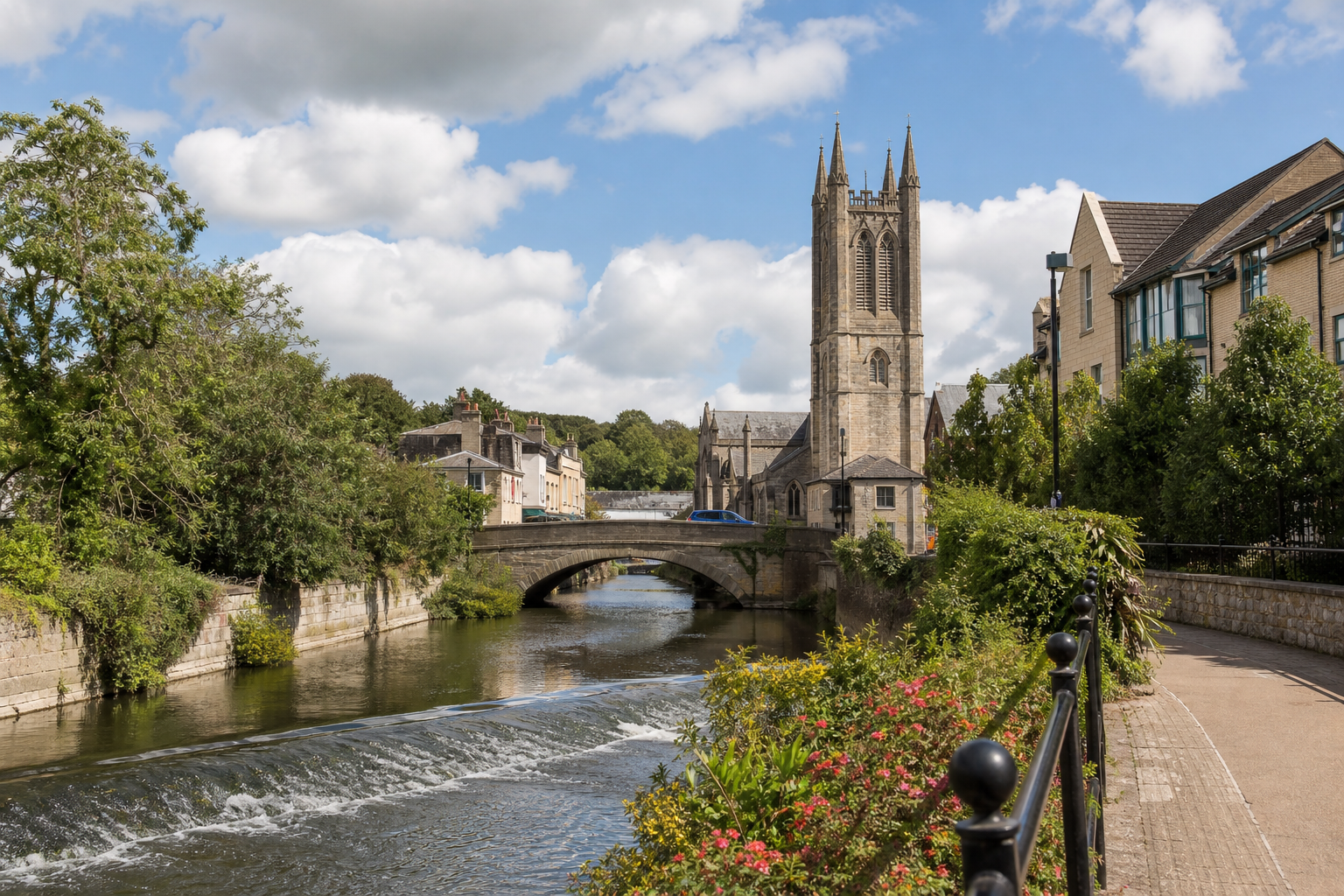 A historic church with a tall spire stands by a river and stone bridge under a partly cloudy sky.