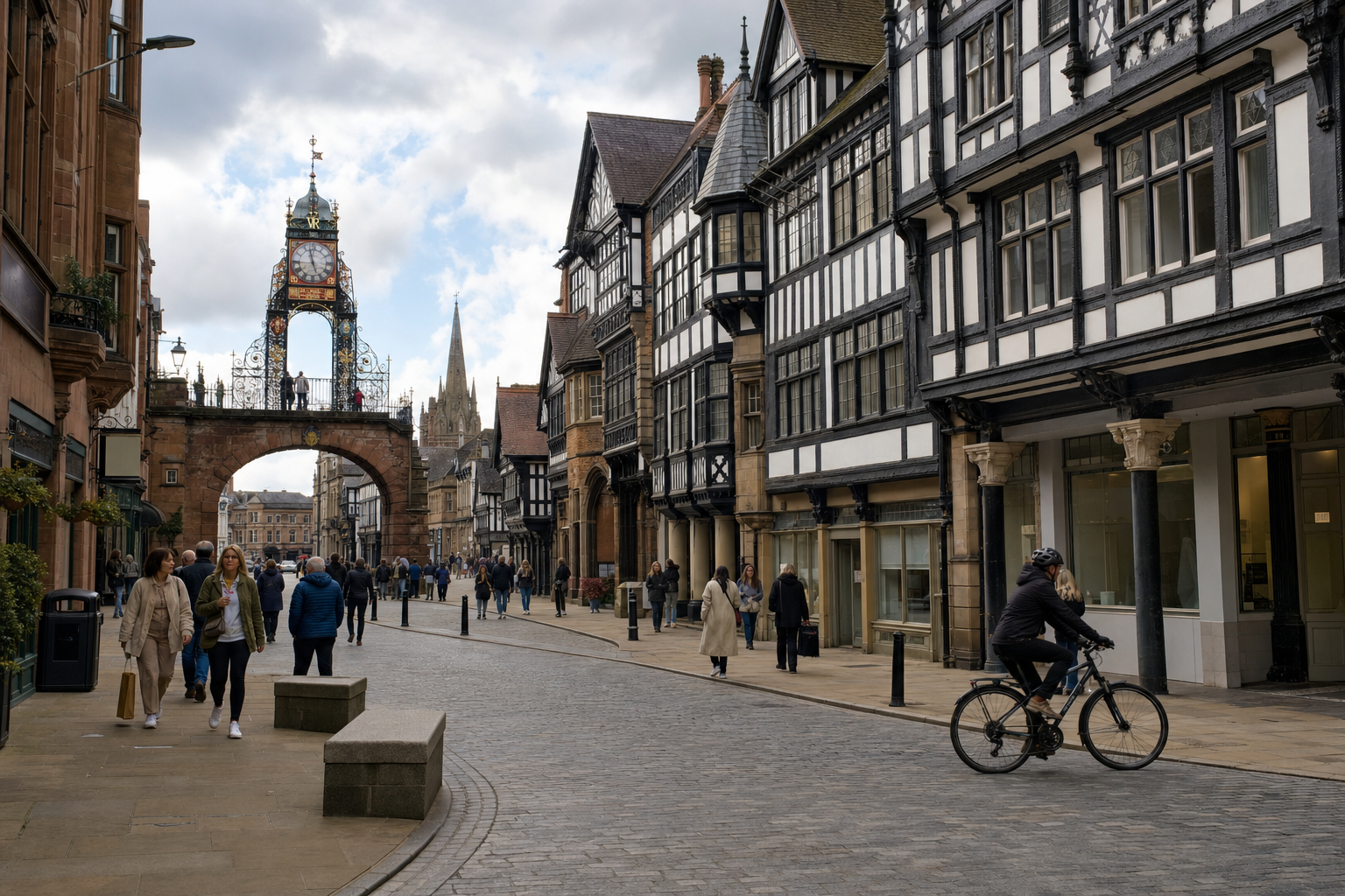 People walking and cycling on a cobblestone street with Tudor-style buildings and a clock tower in the background.